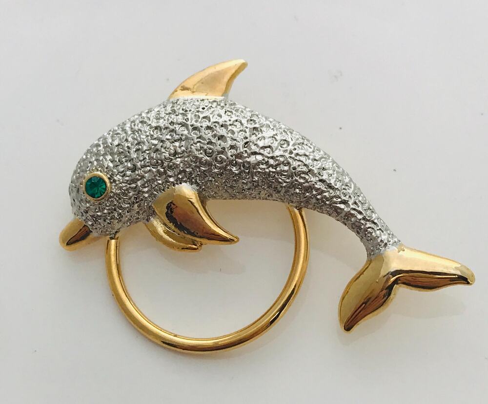 Vintage Dolphin Eyeglass Holder Brooch- Gold Tone - Silver Textured Dolphin Pin